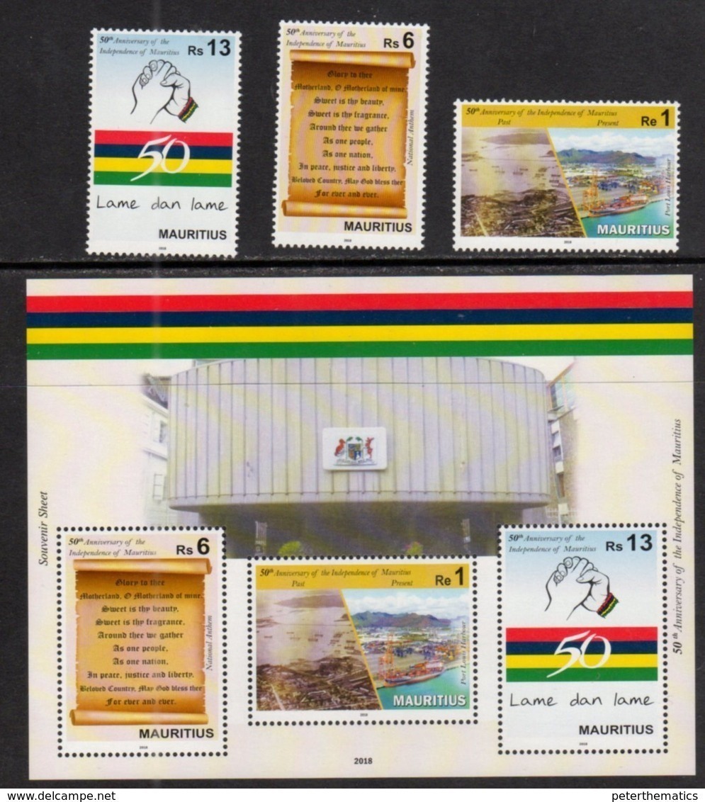 MAURITIUS, 2018, MNH, 50th ANNIVERSARY OF INDEPENDENCE, SHIPS, HARBOURS, NATIONAL ANTHEM, 3v+SHEETLET - Other & Unclassified