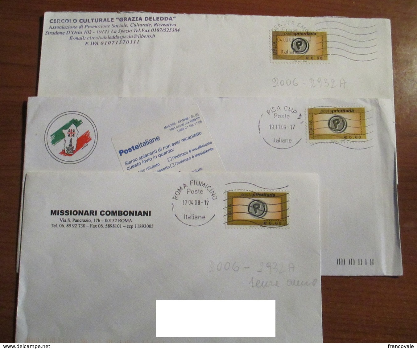 Italia 2006 Storia Postale (Sass. 2932A) Lotto 3 Buste 0,60 Prioritaria Isolato Su Busta - 2001-10: Marcophilie