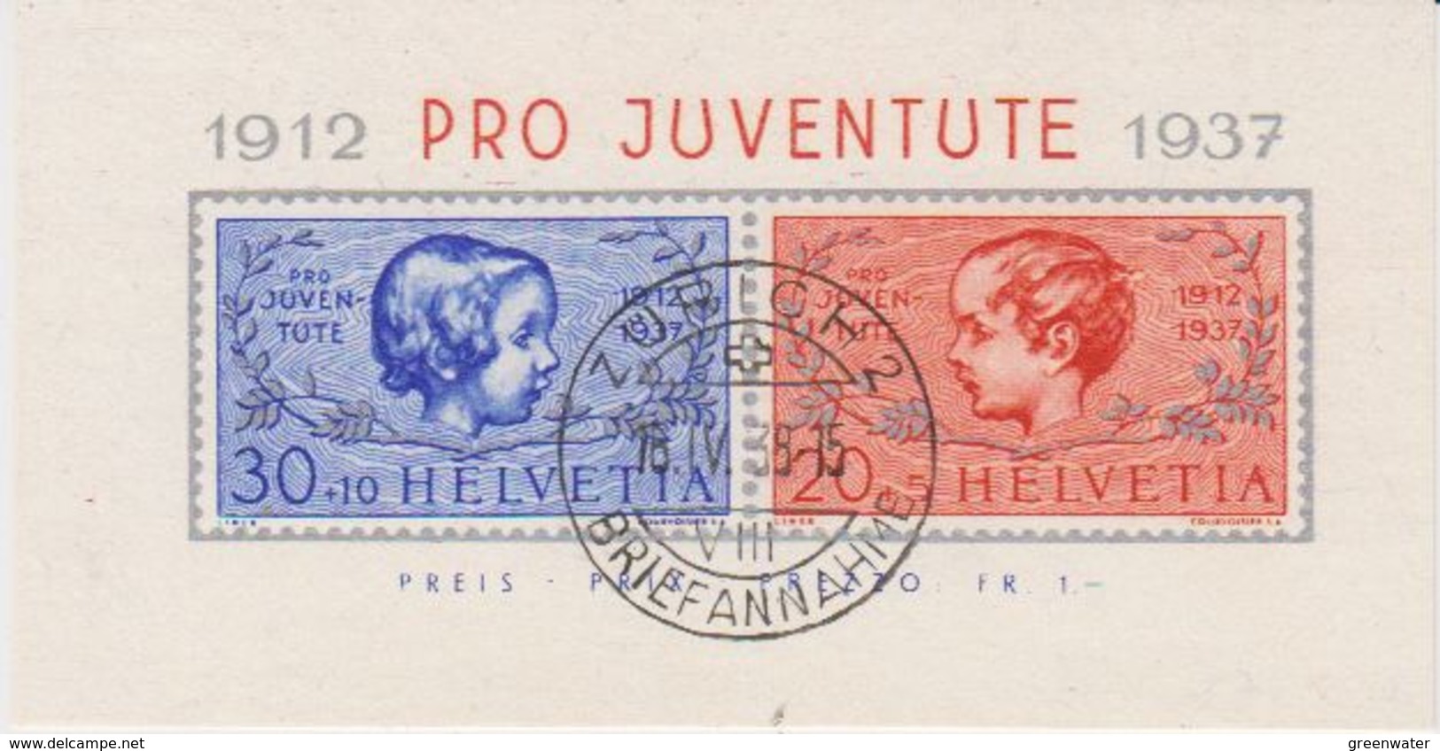 Switzerland 1937 Pro Juventute M/s Used Zurich 18 IV 38 (42174) - Gebruikt