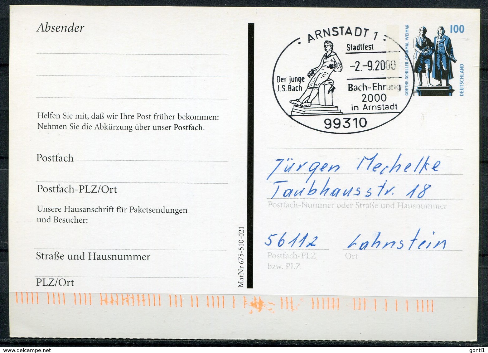 Germany 2000 Ganzsache Deutsche Post,Postfach Mi.PEK 4 "Postfach-Mitteilungskarte,Brief Aufl."1 GS Used,,unten Gezähnt - Post