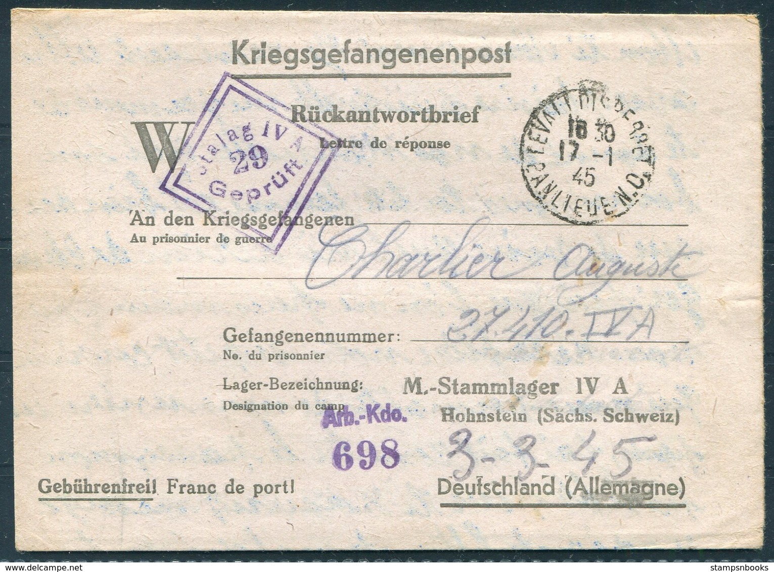 1945 France Prisoner Of War Letter, Kriegsgefangenenpost - Stalag 4A Hohnstein,Saxony Germany Censor. Levalois Perret - Covers & Documents