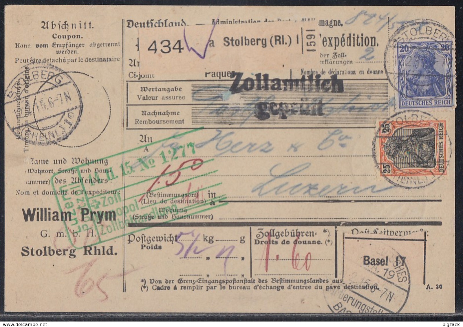 DR Paketkarte Mif Minr.87I, 88I, 94AI Stolberg (Rl.) 12.2.15 Gel. In Schweiz - Briefe U. Dokumente