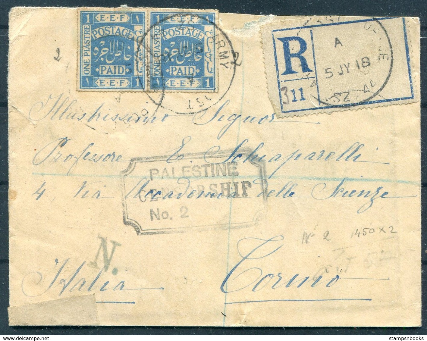 1918 Palestine Registered Army Field Post Office, Censor Cover - Torino Italy - Palestine