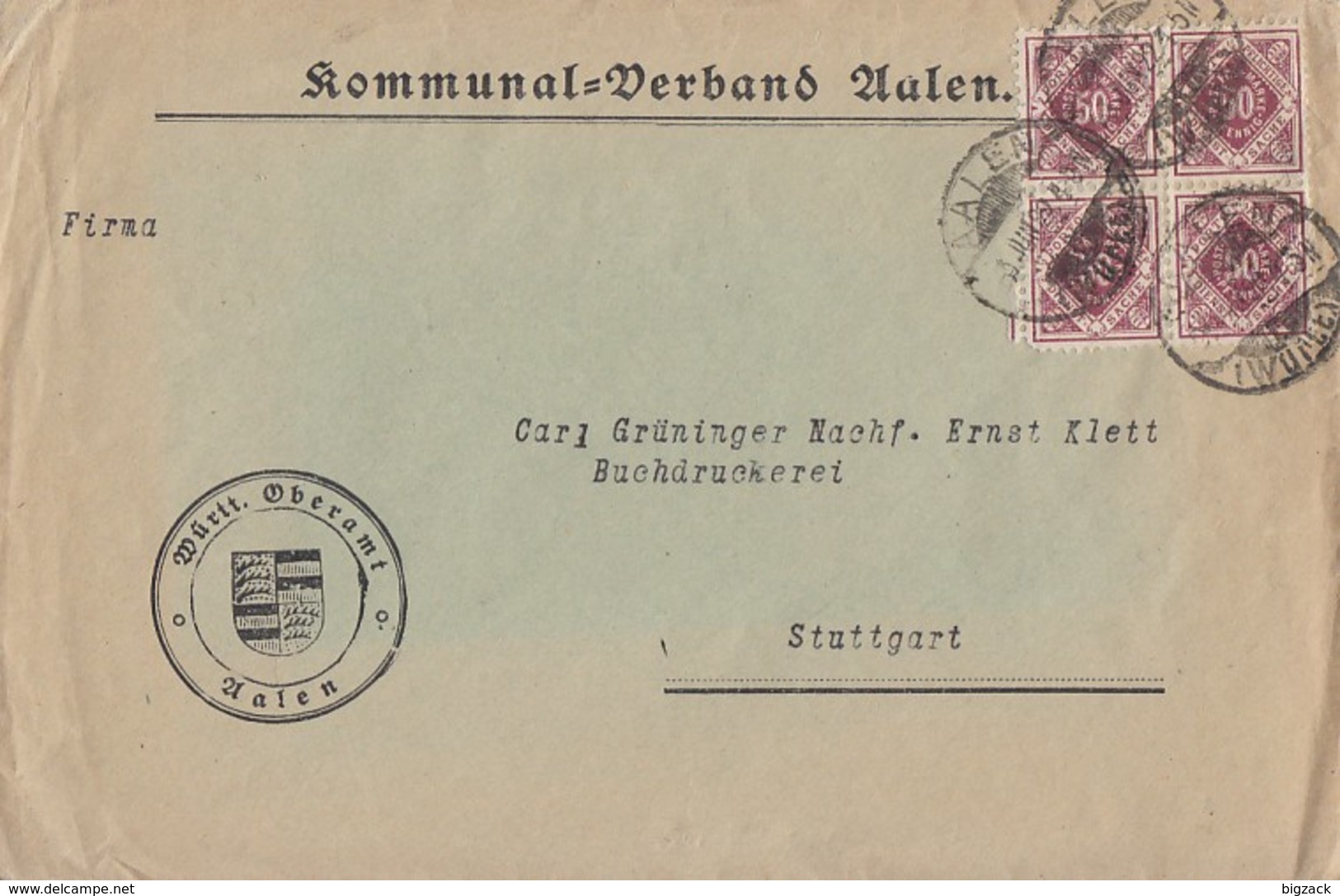 Württemberg Brief Mef Minr.4x 154  4er Block Aalen 3.6.22 - Briefe U. Dokumente