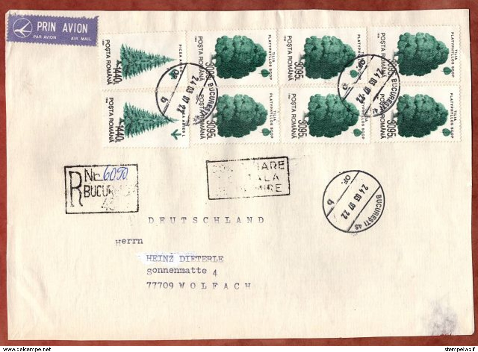 Luftpost, Einschreiben Reco, MiF Baeume, Bukarest Nach Wolfach 2007 (70790) - Cartas & Documentos