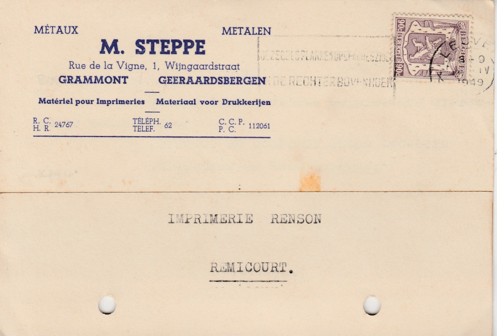Grammont ,( Geeraardsbergen ) , Carte Publicité,  M. Steppe ,métaux , Metalen - Geraardsbergen