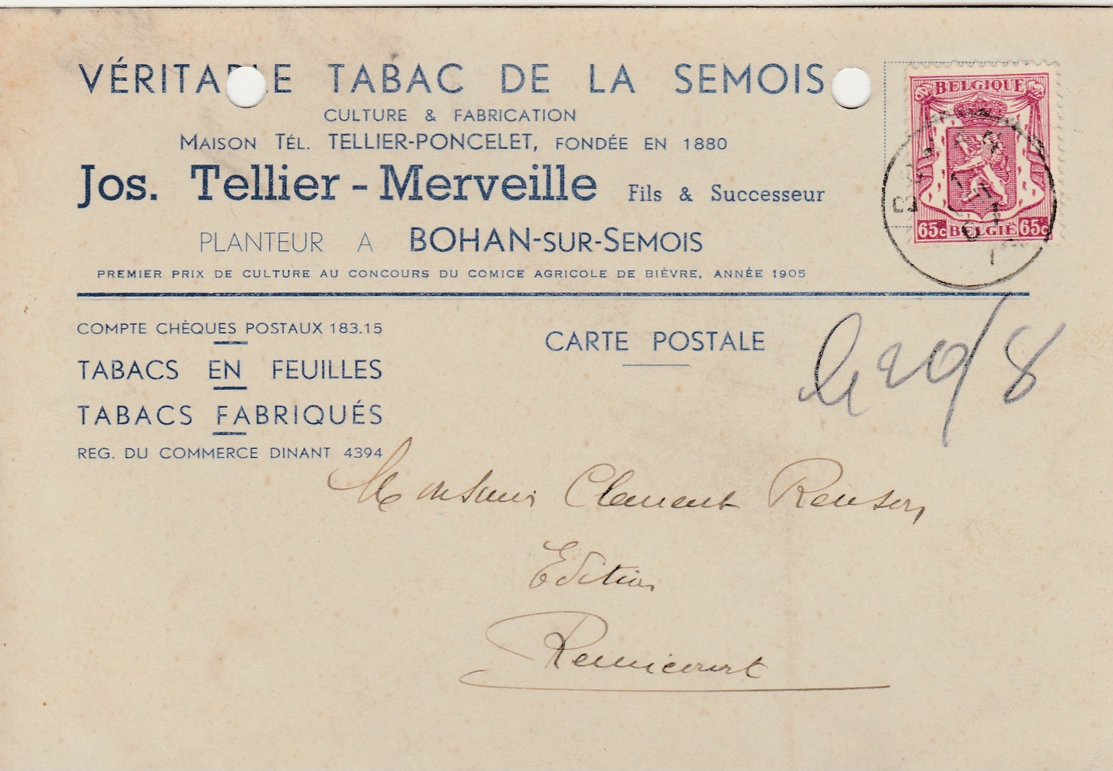 Bohan Sur Semois ( Vresse ) , Carte Publicité, Véritable Tabac De La Semois , Jos. Tellier - Merveille , Planteur,(grand - Vresse-sur-Semois