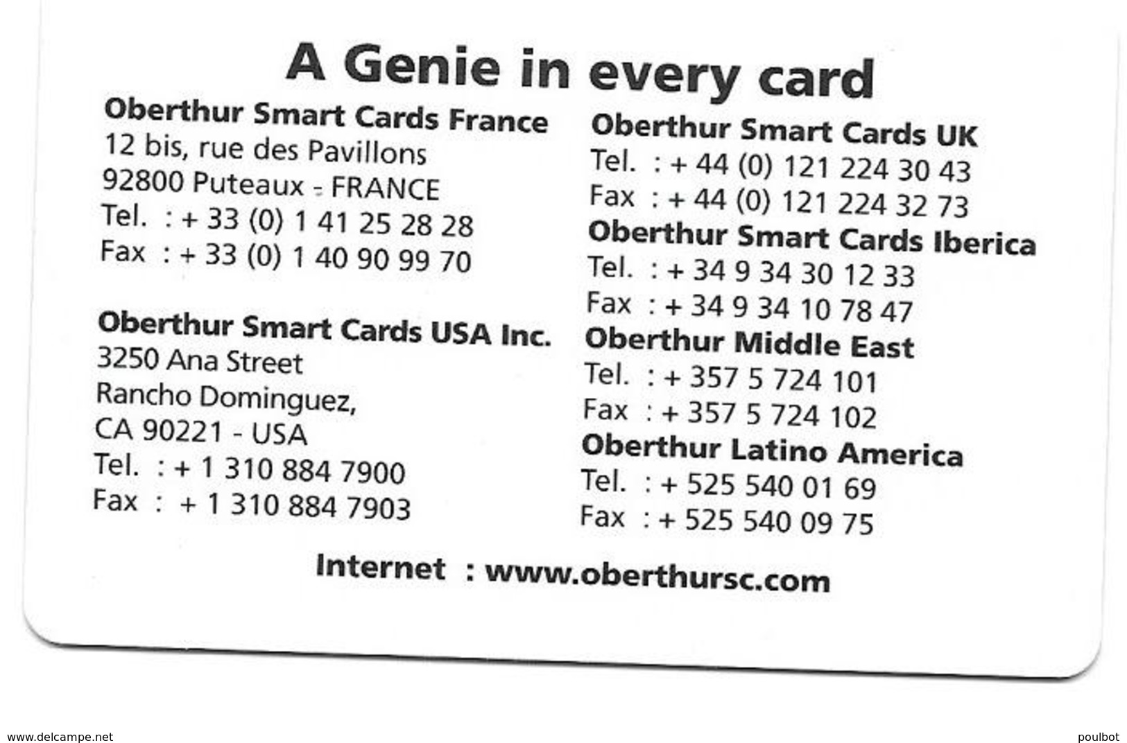 Carte Oberthur Smart Cards Génie - Autres & Non Classés