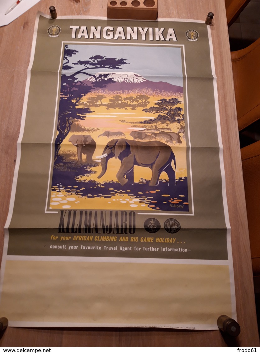 OUDE AFFICHE 1950-1965, TANGANYIKA, KILIMANJARO, Folding Visible, 63x98cm - Affiches