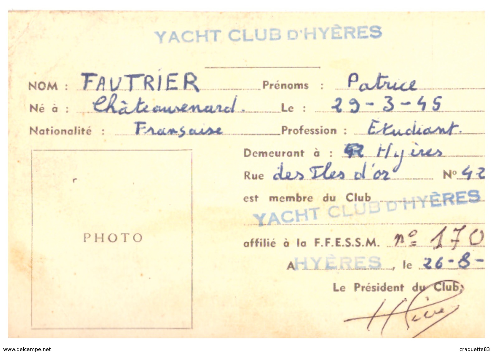 PERMIS DE CHASSE SOUS-MARINE-YATCH CLUB D'HYERES -FDRATION FRANCAISE D'ETUDES&DE SPORTS SS-MARINS1961 - Other & Unclassified