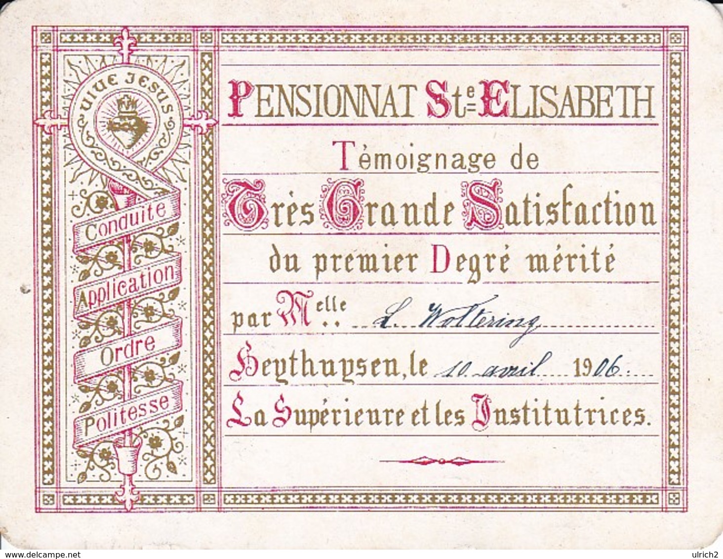 Pensionnat Ste Elisabeth - Témoignage De Très Grande Satisfaction Du Premier Degré Mérité - Heythuysen 1906  (40112) - Diplômes & Bulletins Scolaires