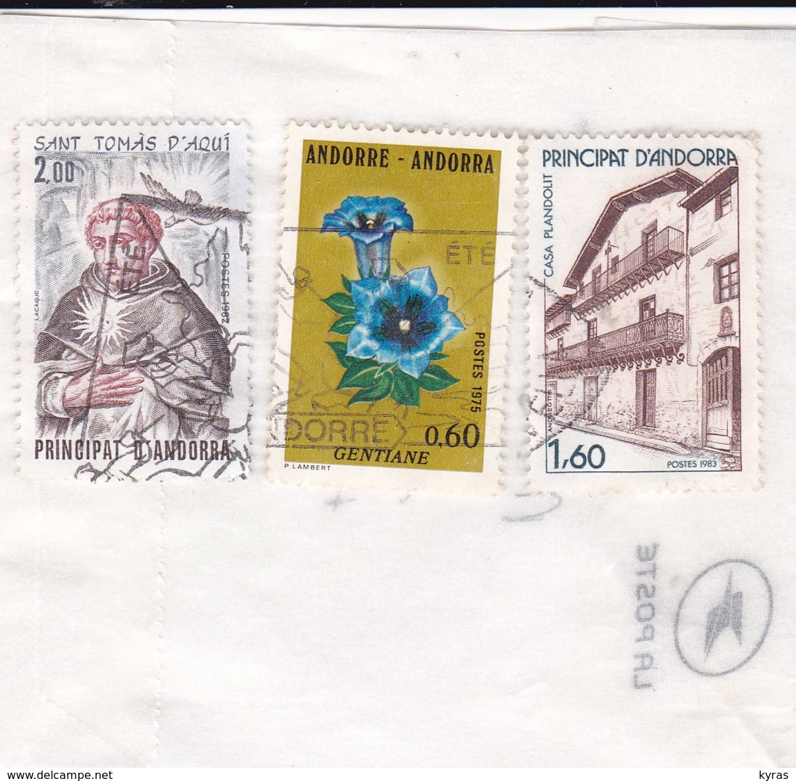 Lot 3 Timbres Oblitérérés ANDORRE A/0.60f Gentiane 1975- B /1.60f Casa Plandolit 1983 - C / 2.00f St Thomas D'Aqui 1982 - Oblitérés