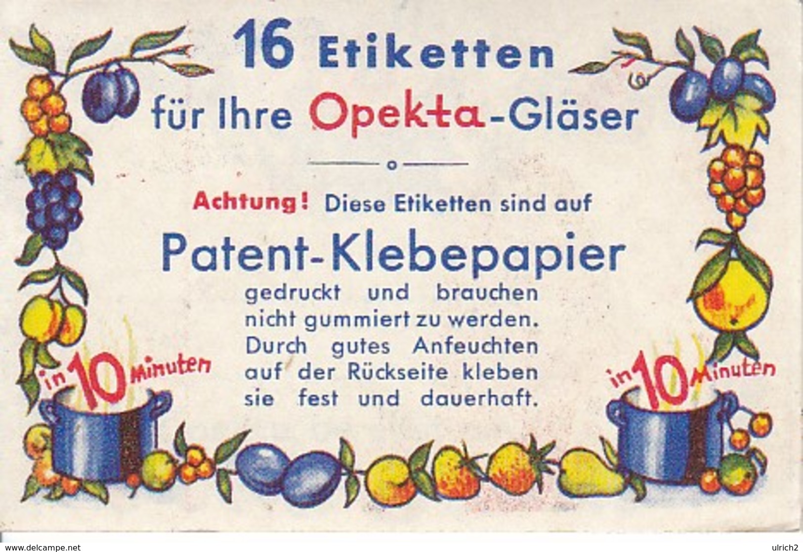 Klebeetiketten Opekta-Gläser - Patent-Klebepapier - Heftchen Mit 11 Stück (40116) - Sonstige & Ohne Zuordnung