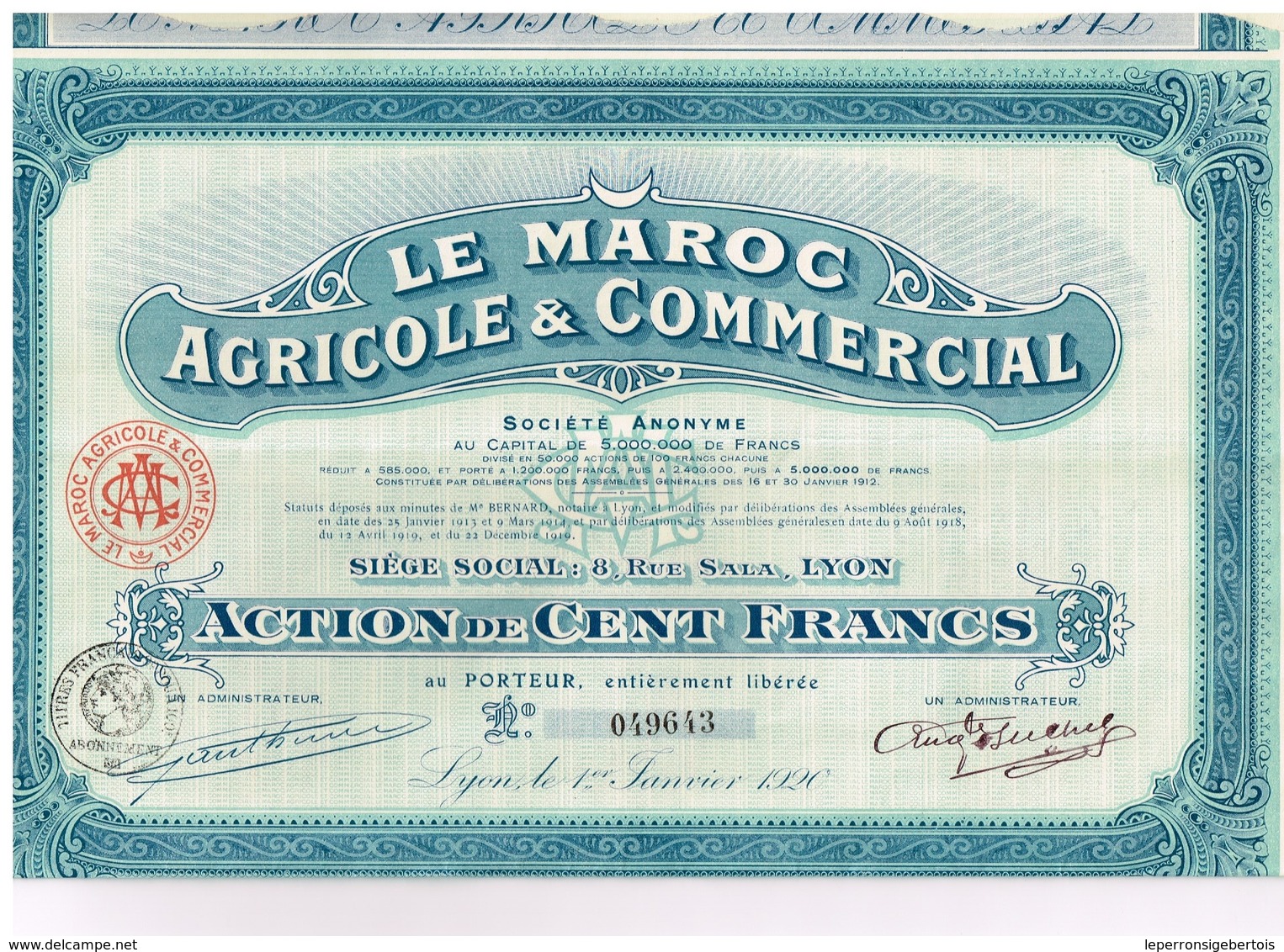 Titre Ancien - Le Maroc Agricole & Commercial Société Anonyme - Titre De 1920 - Landbouw