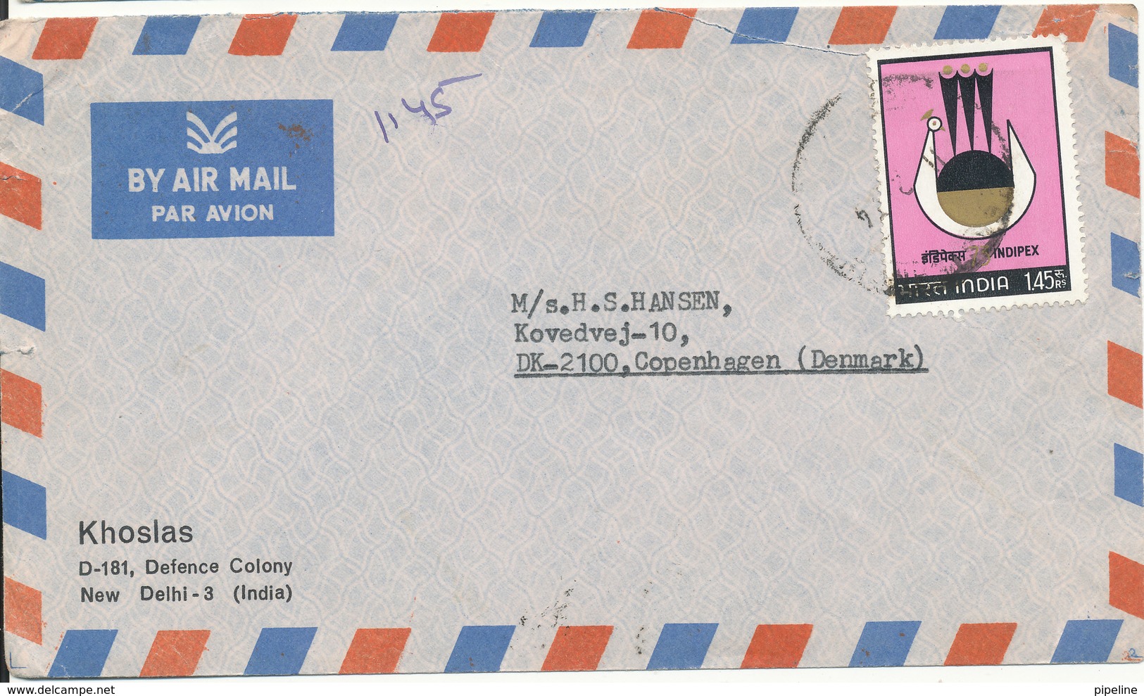 India Air Mail Cover Sent To Denmark 1974 Single Franked - Airmail