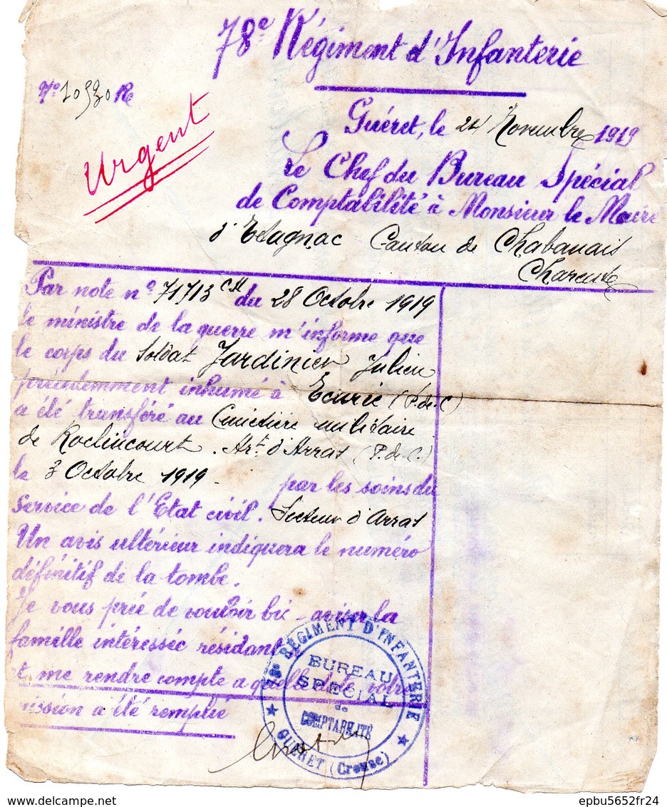 78 Eme RI Note Informant Du Déplacement Du Corps Du Soldat Jardinier Julien Au Cimetiere Militaire De Roclincourt - Documents