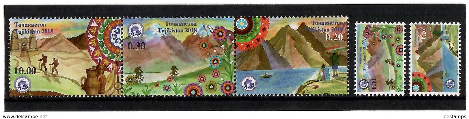 Tajikistan .2018 Year Of Tourism Development And Folk Crafts(Bicycles,Mountains,Flags,Lake).5v:0.20,0.20,0.30,0.30,10.00 - Tadzjikistan