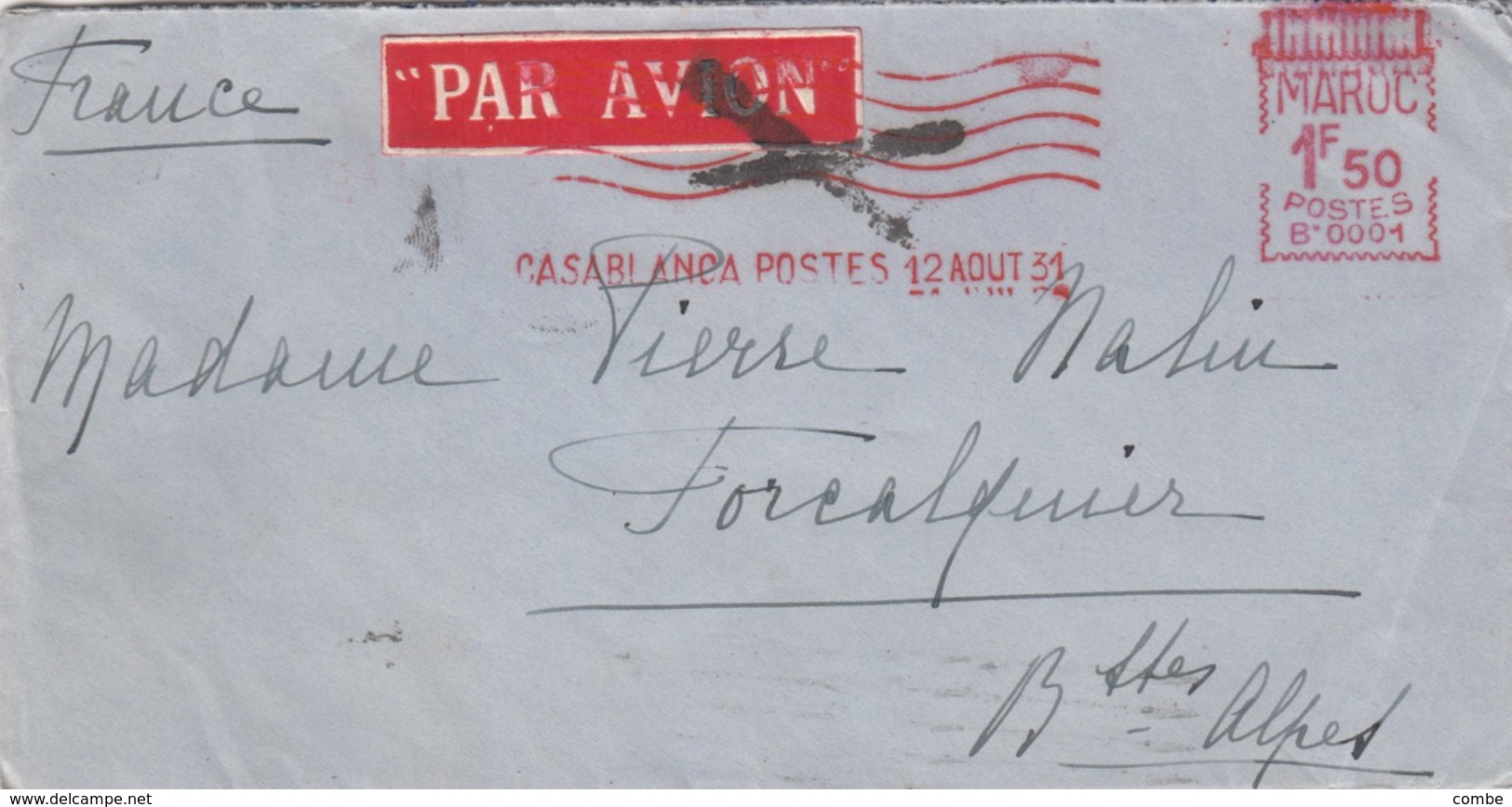 LETTRE COVER. MAROC. 1931. RAR AVION. EMA 1,50Fr CASABLANCA POUR FORCALQUIER - Lettres & Documents