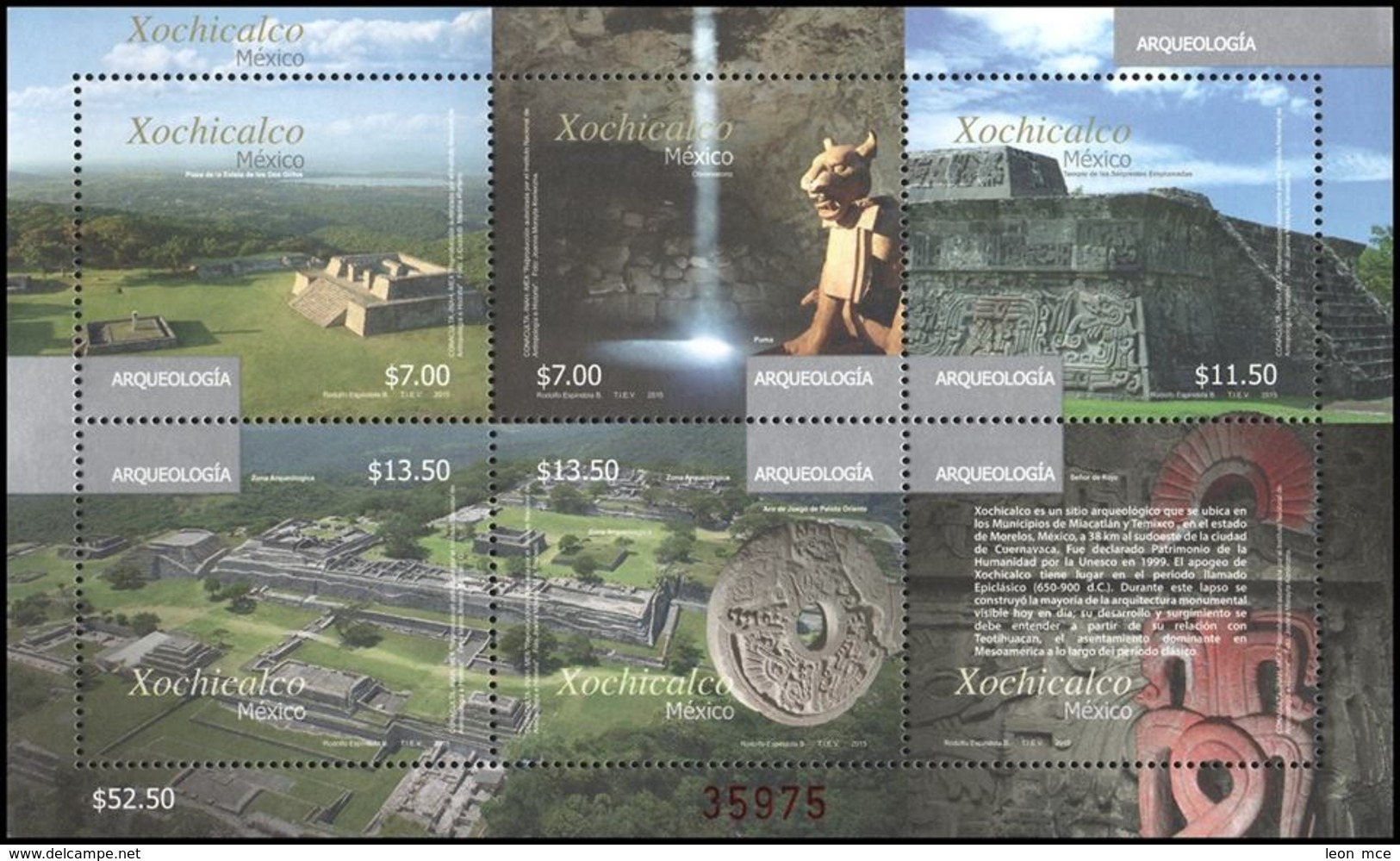 2015 MÉXICO ARQUEOLOGÍA PIRAMIDES  XOCHICALCO, ARCHAEOLOGICAL SITE PYRAMIDS Souvenir SHEET STAMP MNH - México