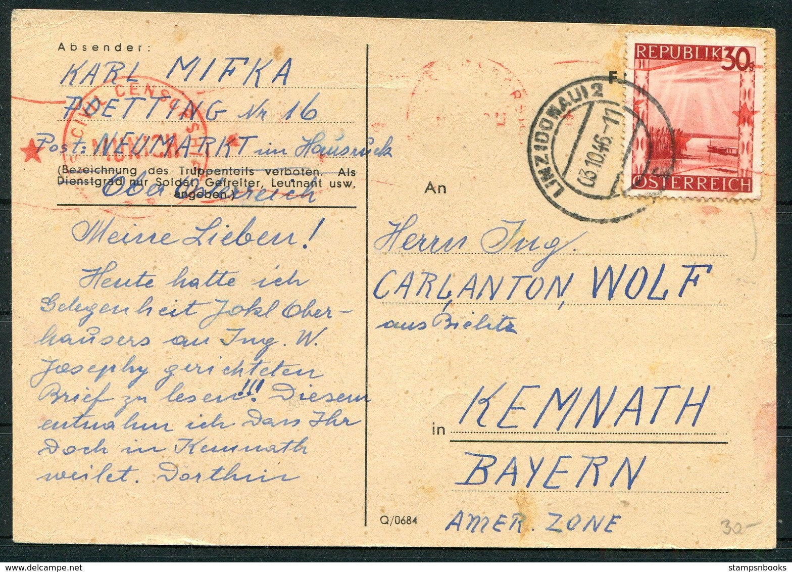 1946 Austria Censor Postcard - Kemnath Germany - Covers & Documents