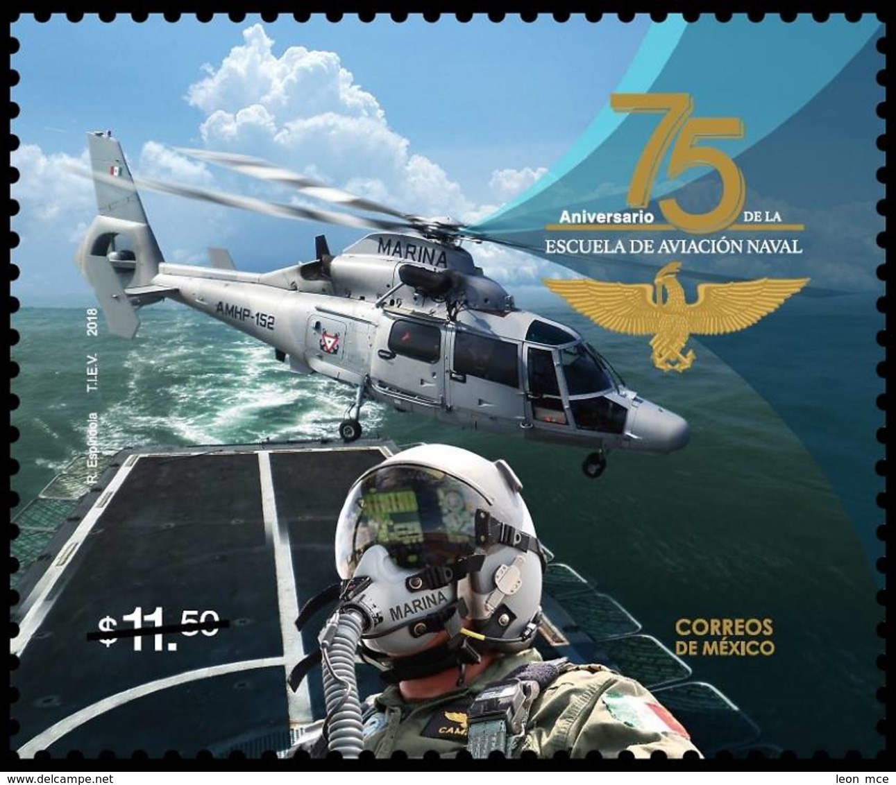 2018 MÉXICO 75 Aniv. De La Escuela De Aviación Naval MNH 75th Anniv Of The Naval Aviation School, NAVY HELICOPTER EAGLE - México