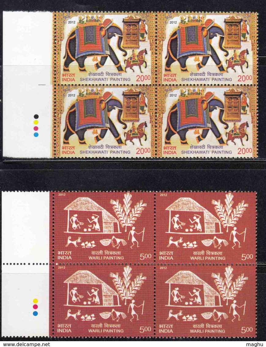 India MNH 2012, T/L Block Of 4, Set Of 2, Shekhawati & Warli Art Painting, Elephant, Horse, Dog, Etc - Blocks & Kleinbögen