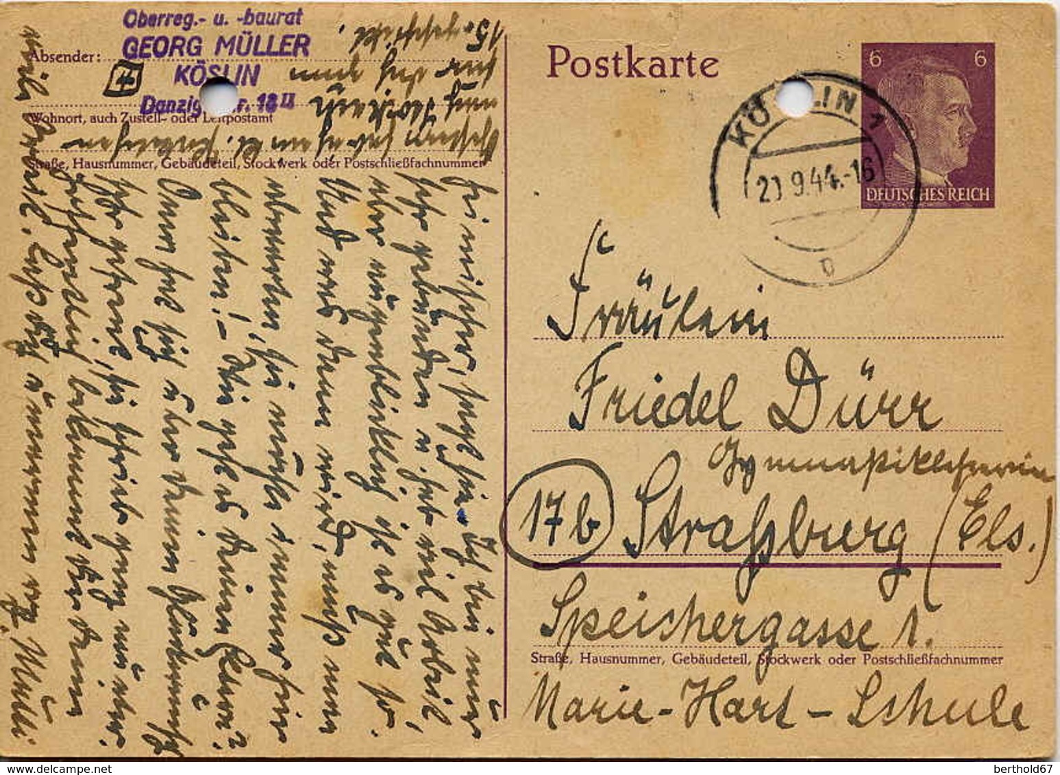 Allemagne Ent-Postal Obl Postkarte Adolf Hitler (cachet Rond) 2 Perforations Classeur - Autres & Non Classés