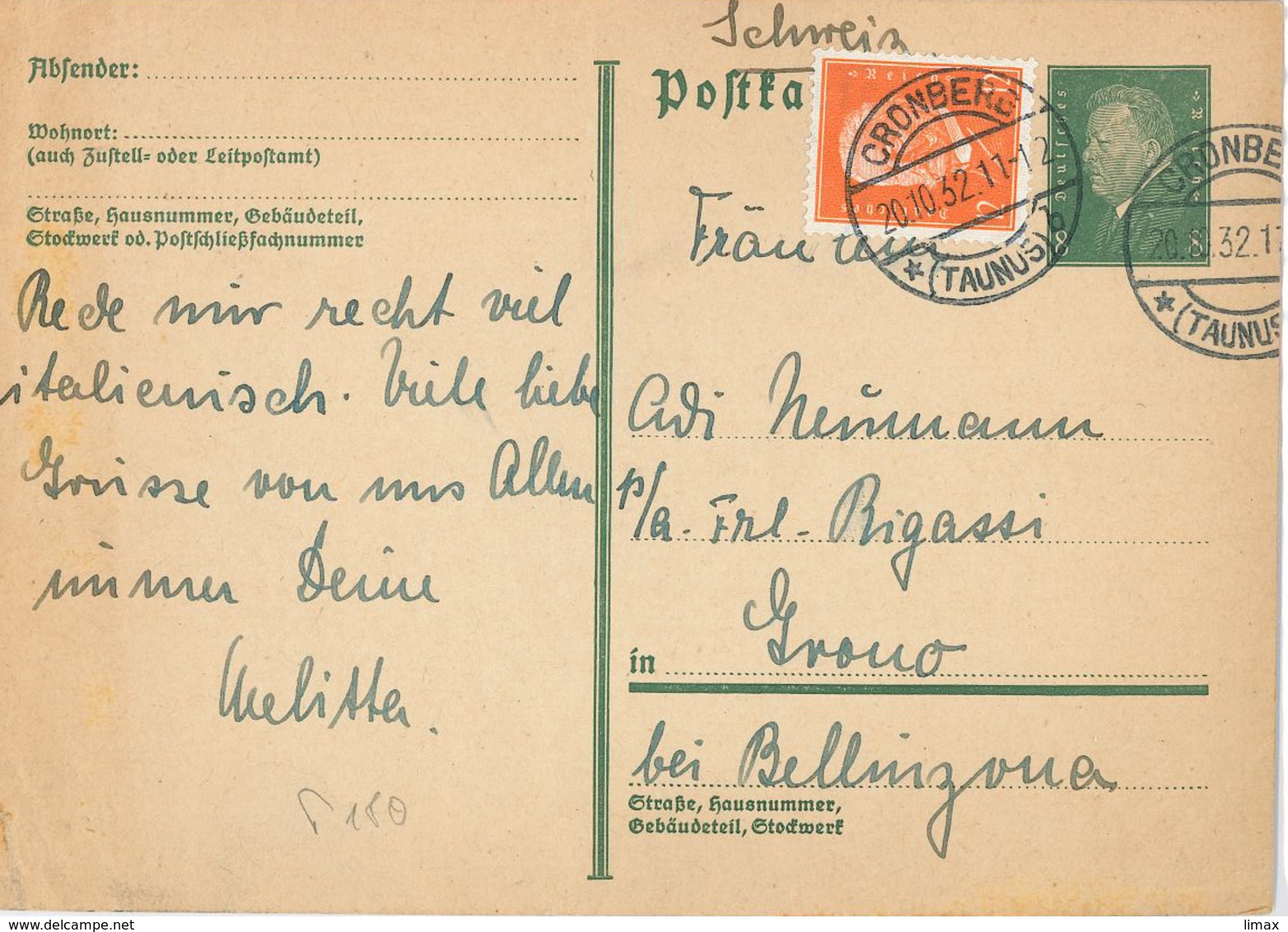 Cronberg Taunus Hindenburg Ganzsache 1932 - Covers & Documents