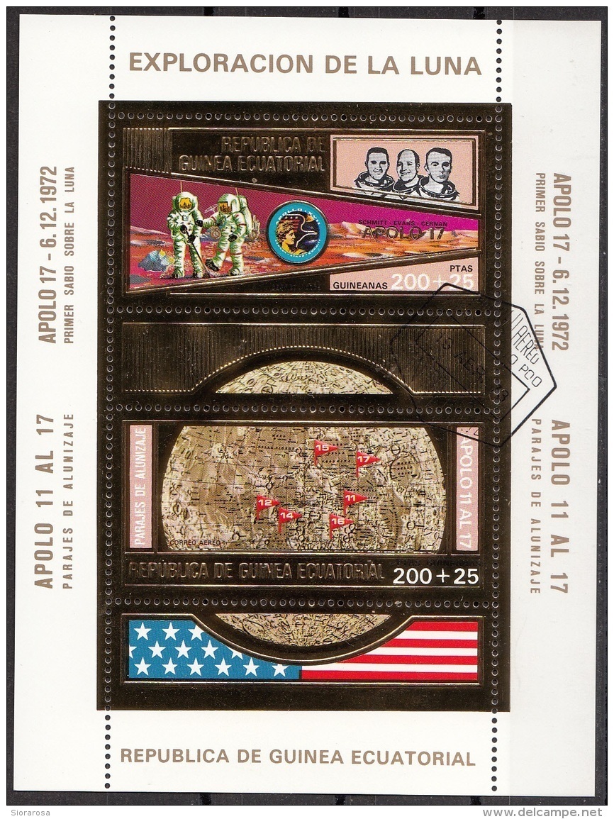 Bf. 67 Guinea Equatoriale 1973 Apollo 11 E 17 Gold Art Sheet Astronauti Uomo Luna Moon Sheet CTO Perf. Ecuatorial - Africa