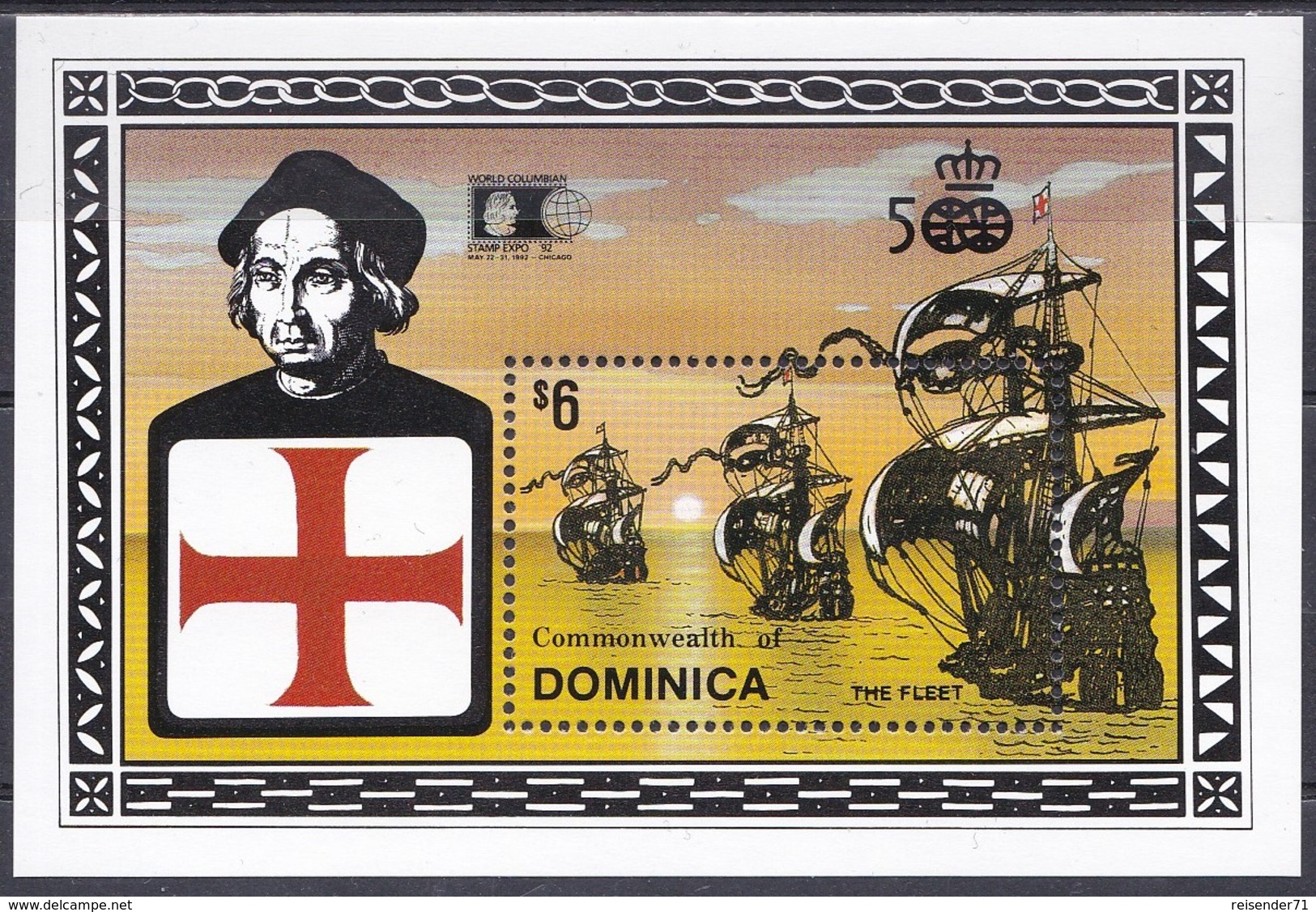 Dominica 1992 Geschichte History Entdeckung Discovery Kolumbus Columbus WORLD STAMP EXPO Chicago Schiffe, Bl. 209 ** - Dominica (1978-...)