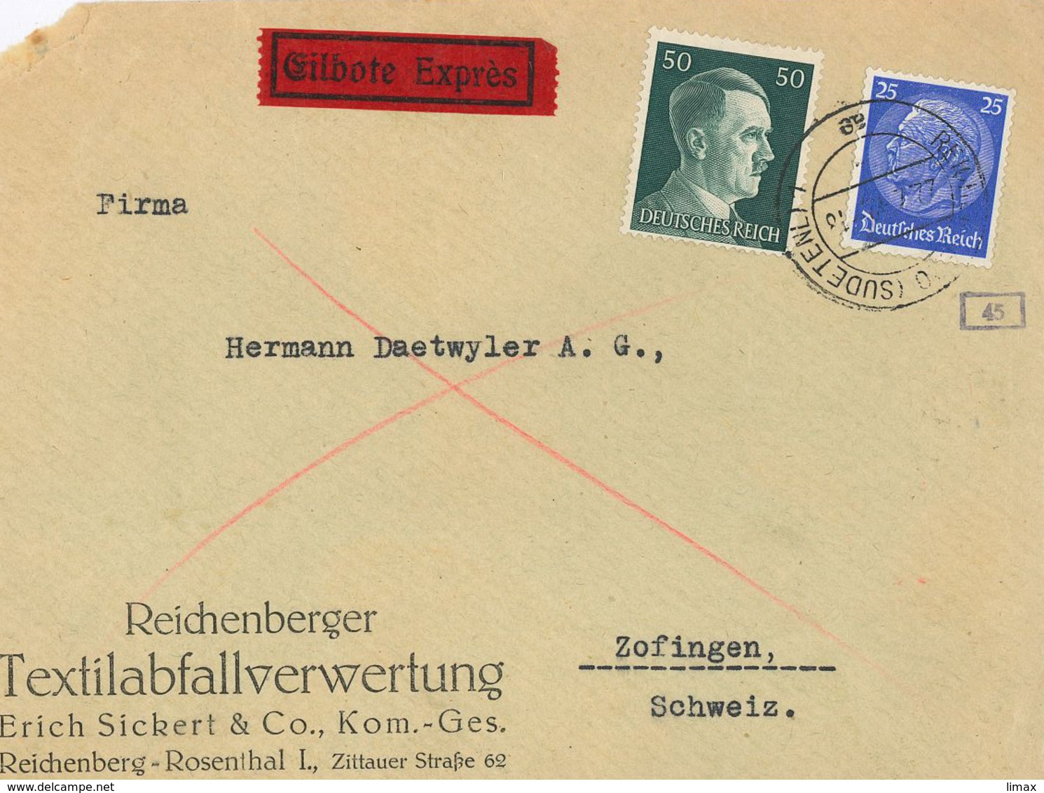 Brief Reichenberg Sudetenland Nach Zofingen Schweiz Zensur OKW Eilbote - Covers & Documents