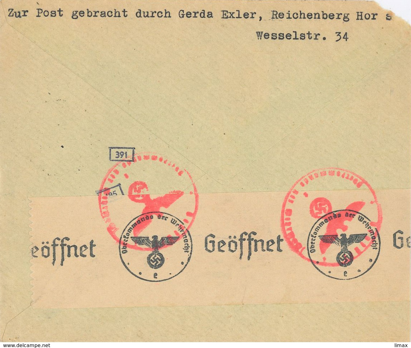 Brief Reichenberg Sudetenland Nach Zofingen Schweiz Zensur OKW Eilbote - Covers & Documents