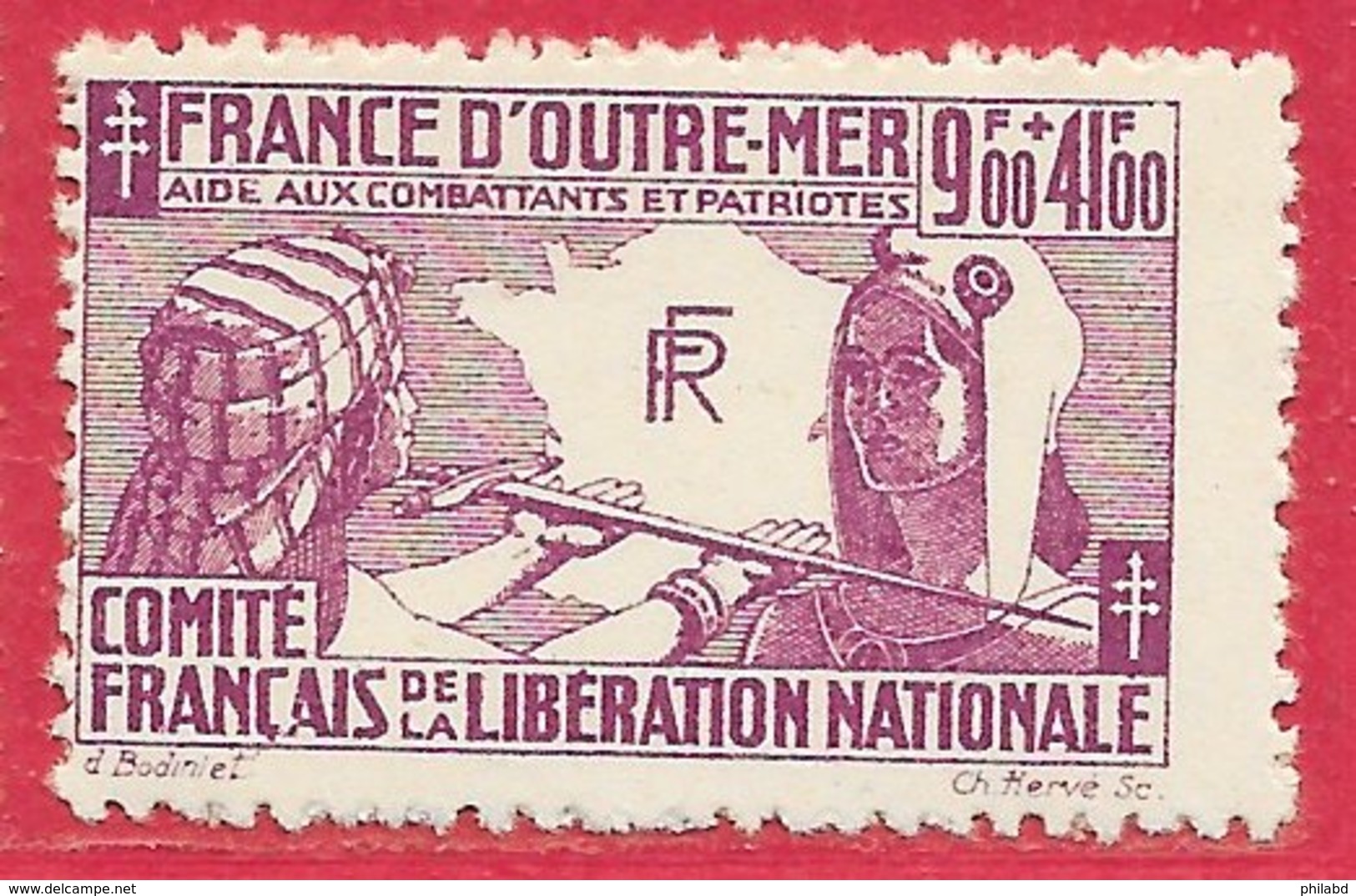 France Libre N°5 9F+41F Lilas 1943 ** - Guerre (timbres De)