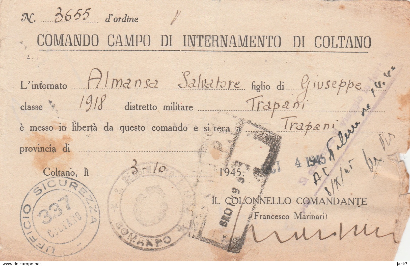 Documento Di Messa In Liberta' - Comando Campo Di Internamento Di Coltano (Toscana/Pisa) - Documentos