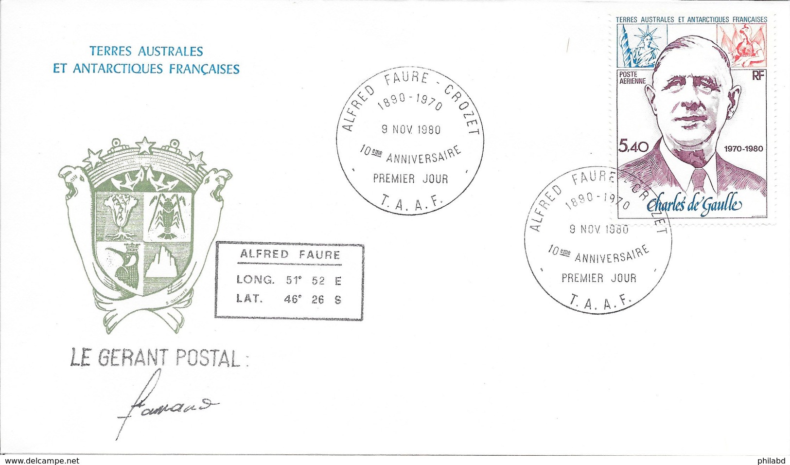 TAAF FDC 10ème Anniversaire Général De Gaulle (base ALFRED FAURE) N° YT PA 61 1980 O - FDC