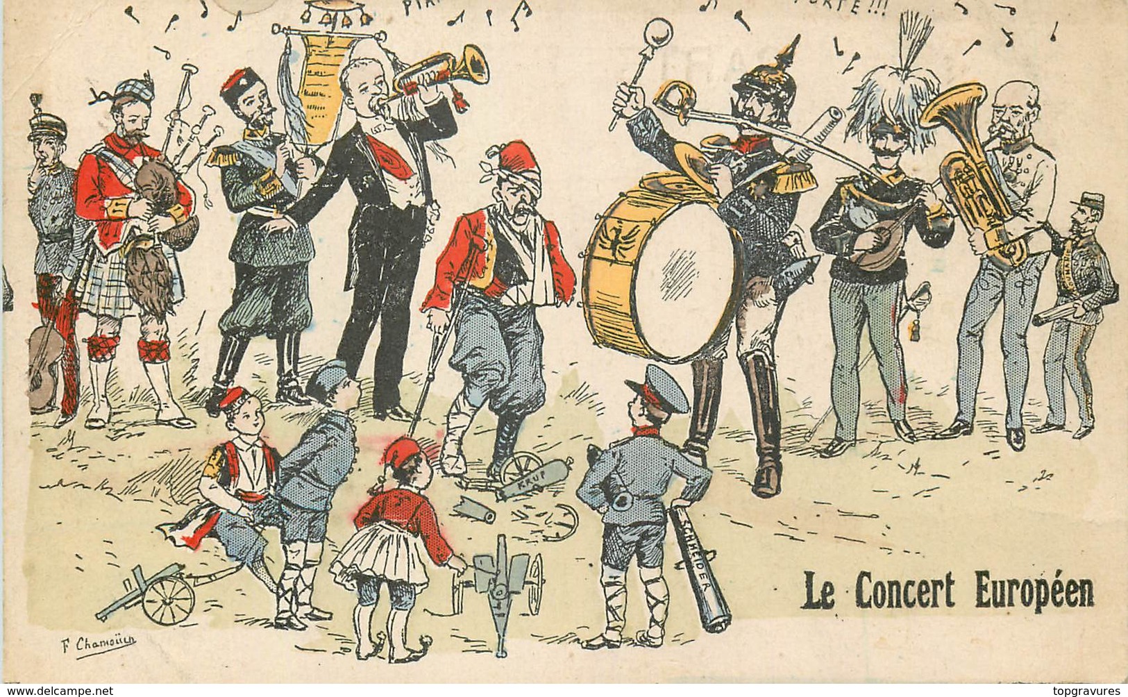 CP ILLUSTREE SATIRIQUE SIGNEE LE CONCERT EUROPEEN - CASQUE A POINTE JOUANT TAMBOUR ZOUAVE CUL-DE-JATTE - Satiriques