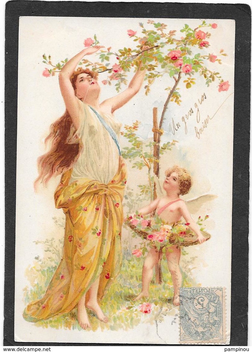 ART NOUVEAU - Jolie Femme Cueillant Des Roses, Angelot Au Panier - Autres & Non Classés