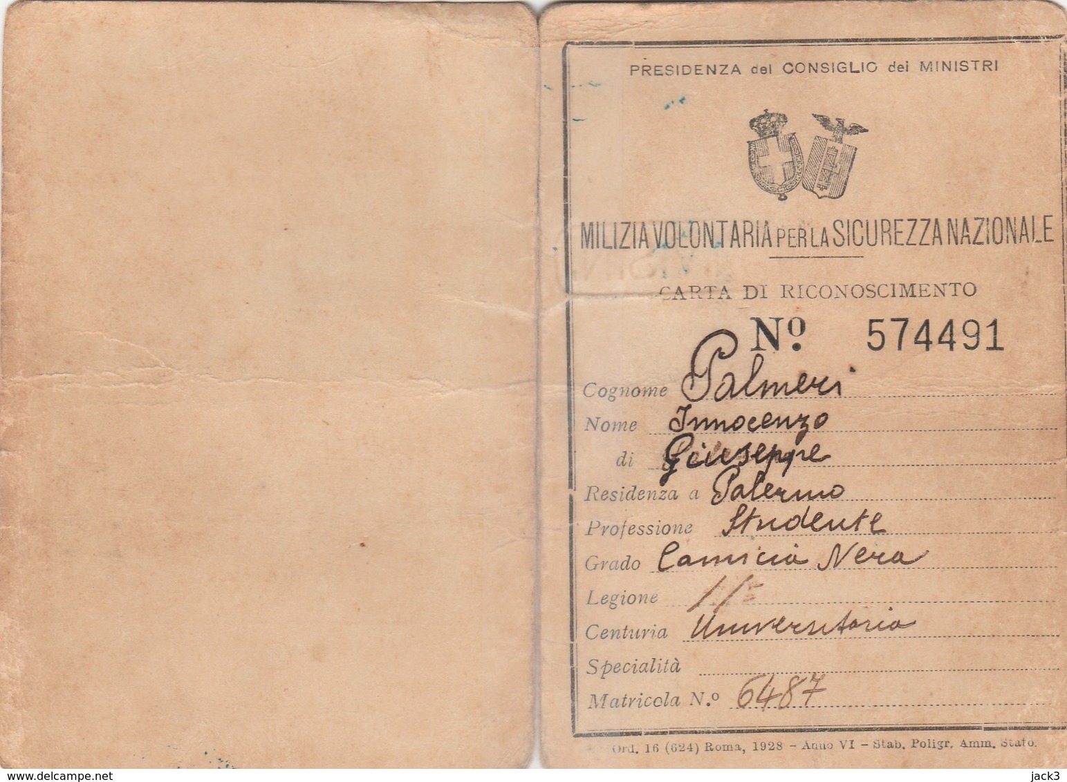 Carta Di Riconoscimento - MVSN Servizio Di Gendarmeria Italia Fascista - Documenti