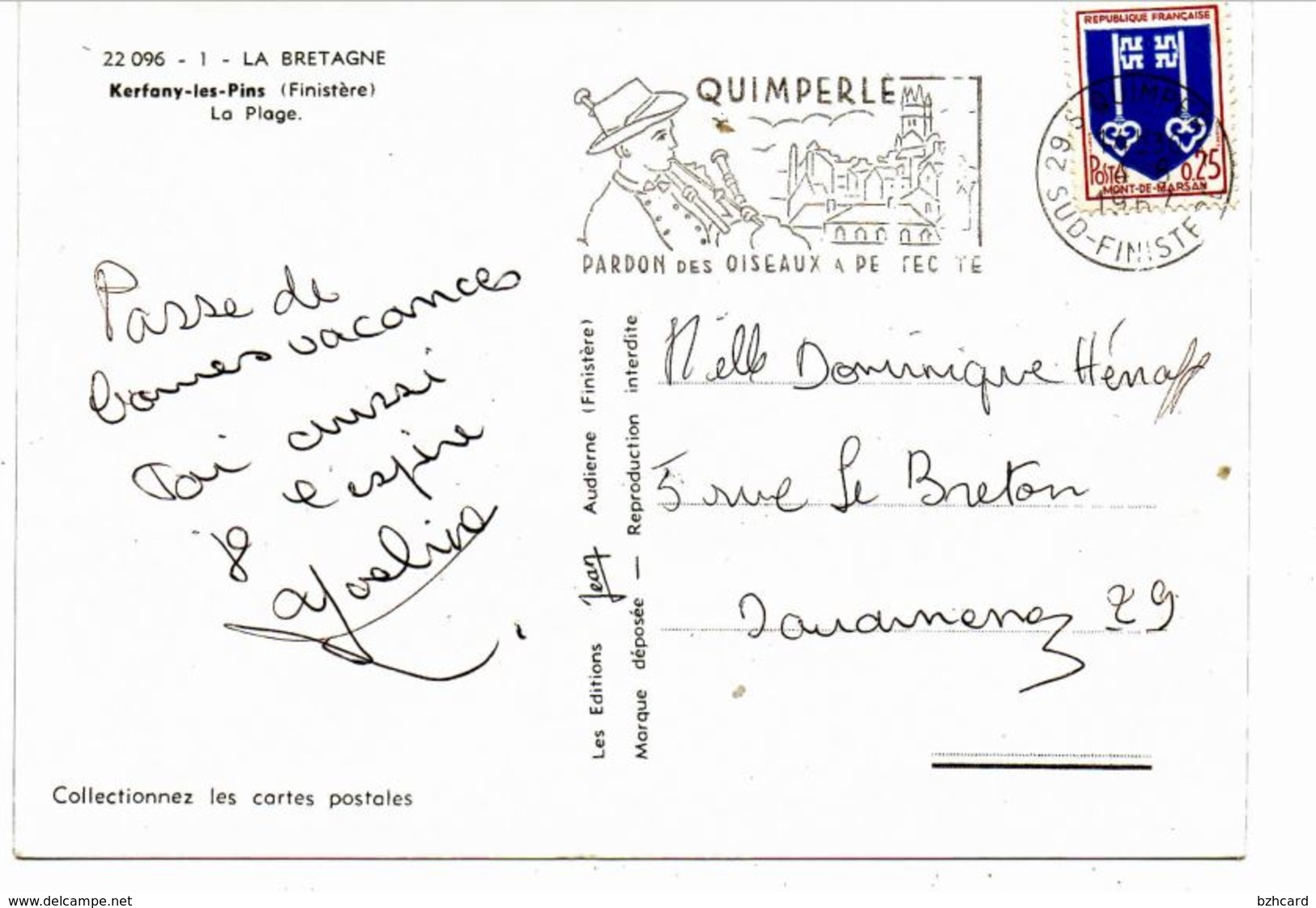 Kerfany Les Pins -1967- (carte Jean Kérisit Audierne) - Flamme Quimperlé : Pardon Des Oiseaux - Brest