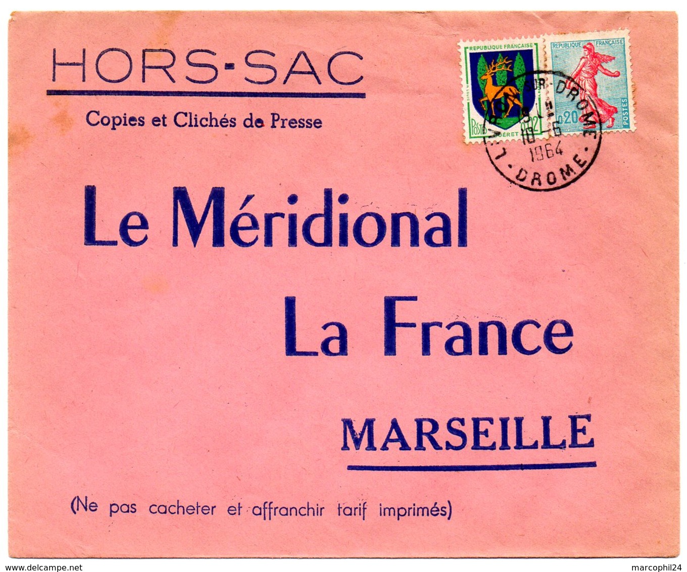 DROME - Dépt N° 26 = LIVRON 1964 = Cachet  MANUEL A8 + HORS-SAC  LE MERIDIONAL - Manual Postmarks