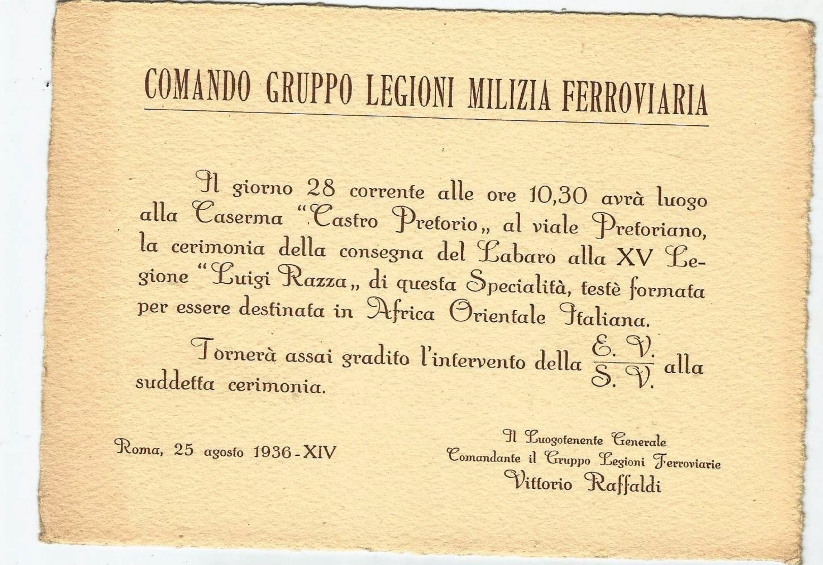 MILIZIA FERROVIARIA-INVITO A CELEBRAZIONE CONSEGNA LABARO- 1936 - Autres & Non Classés