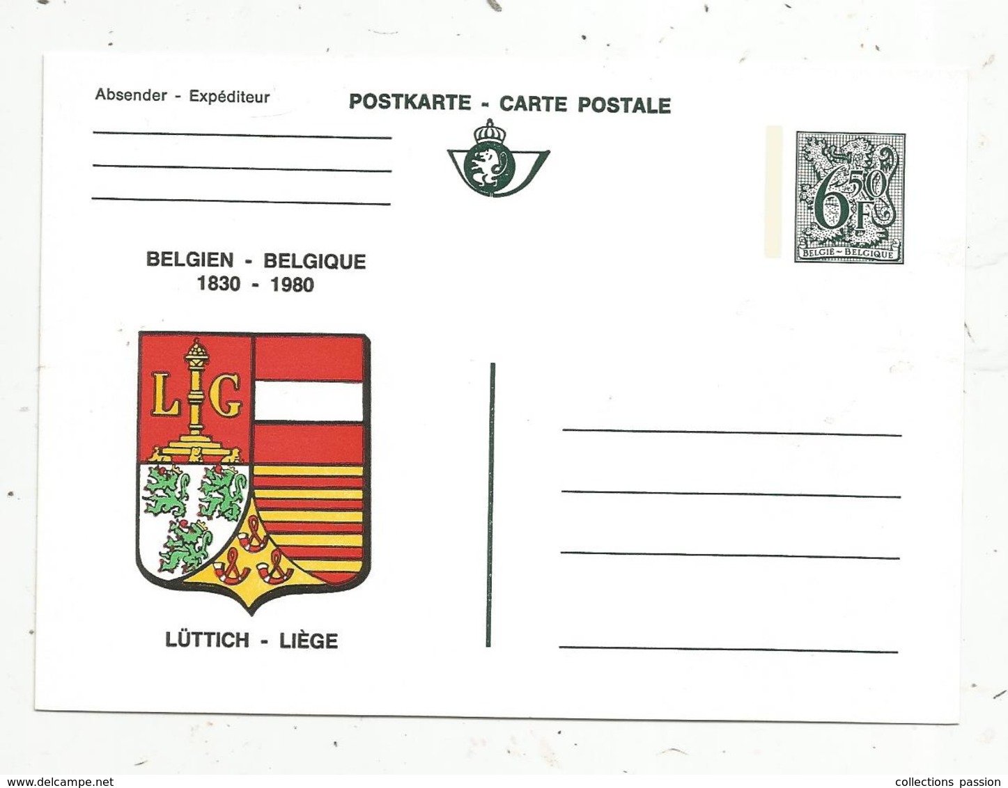 Entier Postal NEUF, Briefkaart, 6f50 ,BELGIEN-BELGIQUE 1830-1980 , Blason LÜTTICH-LIEGE ,vierge , Belgique - Sonstige & Ohne Zuordnung