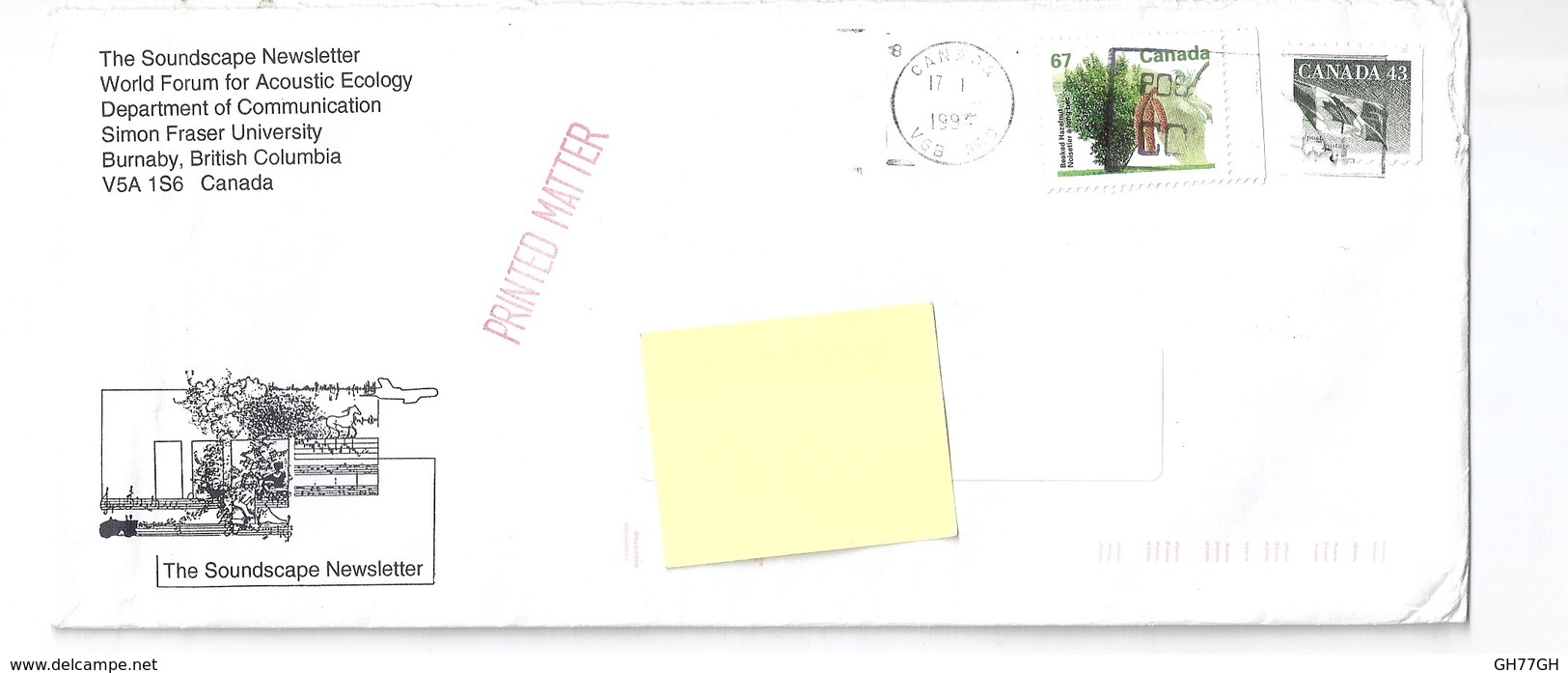 2 Stamps CANADA On Envelope "The Soundscape Newsletter" - Briefe U. Dokumente