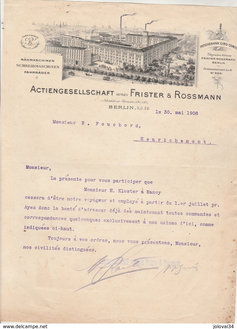 Allemagne Facture Lettre Illustrée 30/5/1908 FRISTER & ROSSMANN Nähmaschinen BERLIN - 1900 – 1949