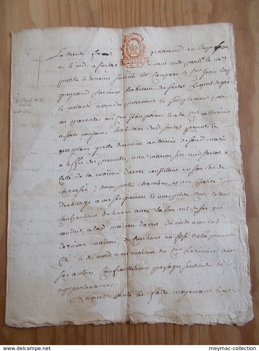 FISCAL FISCAUX Dimension Acte Minute 4 Sols P. Papier DORDOGNE 1796 SARLAT Cachet Timbre Rouge - Autres & Non Classés