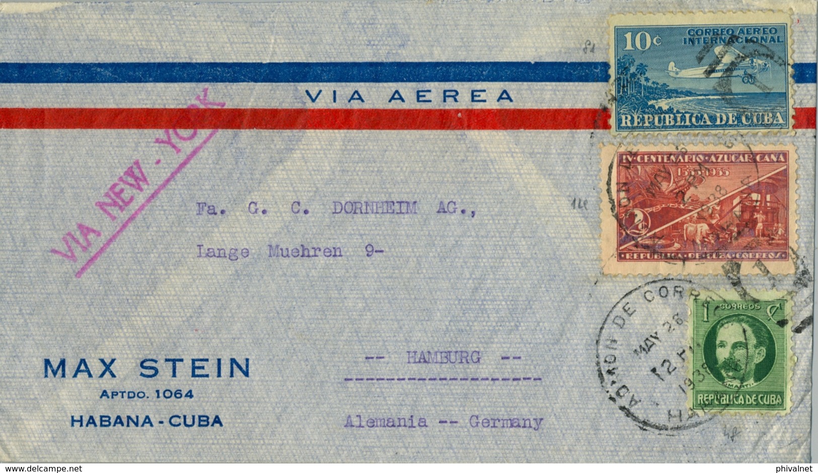 1938 CUBA , SOBRE CIRCULADO , HABANA - HAMBURGO , CORREO AÉREO VIA NEW YORK - Brieven En Documenten