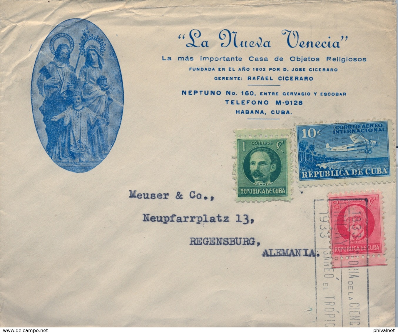 1938 CUBA , SOBRE CIRCULADO , HABANA - REGENSBURG , " LA NUEVA VENECIA " , LLEGADA AL DORSO - Brieven En Documenten