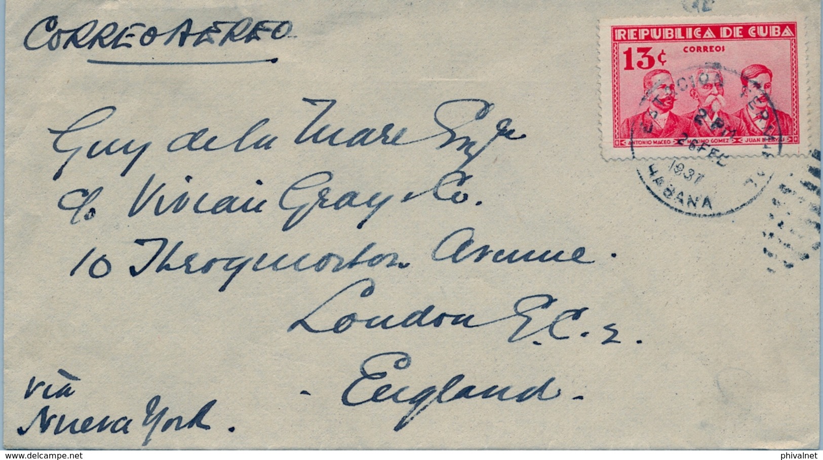 1937 CUBA , SOBRE CIRCULADO , HABANA - LONDRES , CORREO AÉREO VIA NEW YORK , MAT. ESTACIÓN TERMINAL / HABANA - Covers & Documents