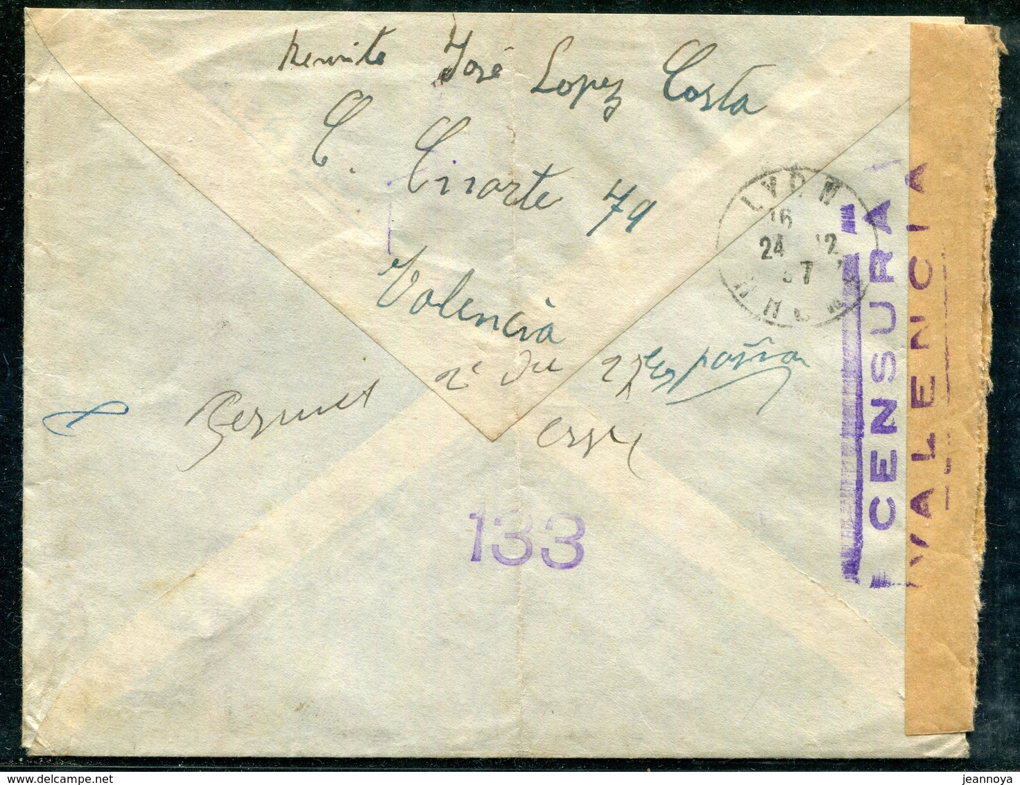 ESPAGNE - N° 528A + 529 + 509 / LR DE VALENCIA LE 21/12/37 POUR LYON AVEC CENSURE MILITAIRE - TB - Military Service Stamp