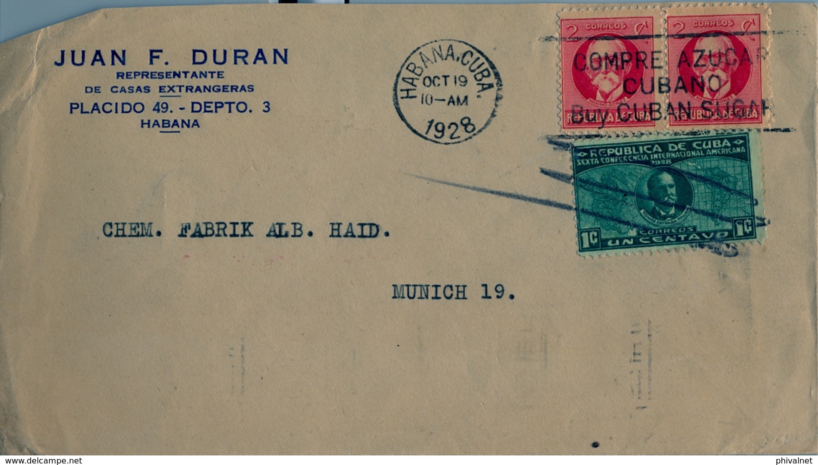 1928 CUBA , SOBRE CIRCULADO , HABANA - MÜNICH , AL DORSO TRÁNSITO DE GÉNOVA , FR. BÁSICA , 6ª CONFERENCIA INT. AMERICANA - Storia Postale